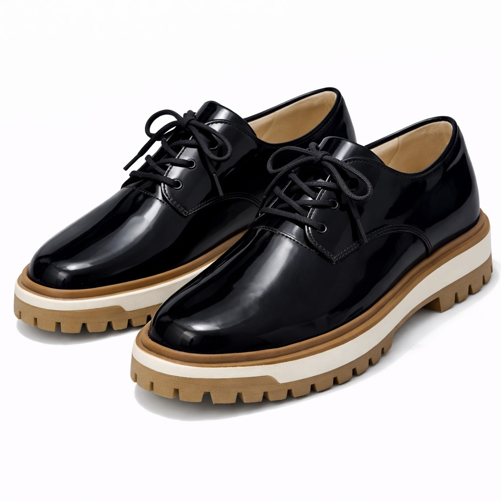 Men Black Patent Leather Lace Up Shoes with Thick Rugged Sole