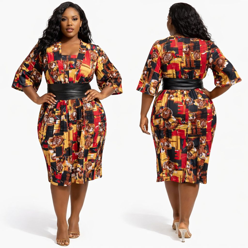 Multicolor Abstract Print Womens Knee Length Dress