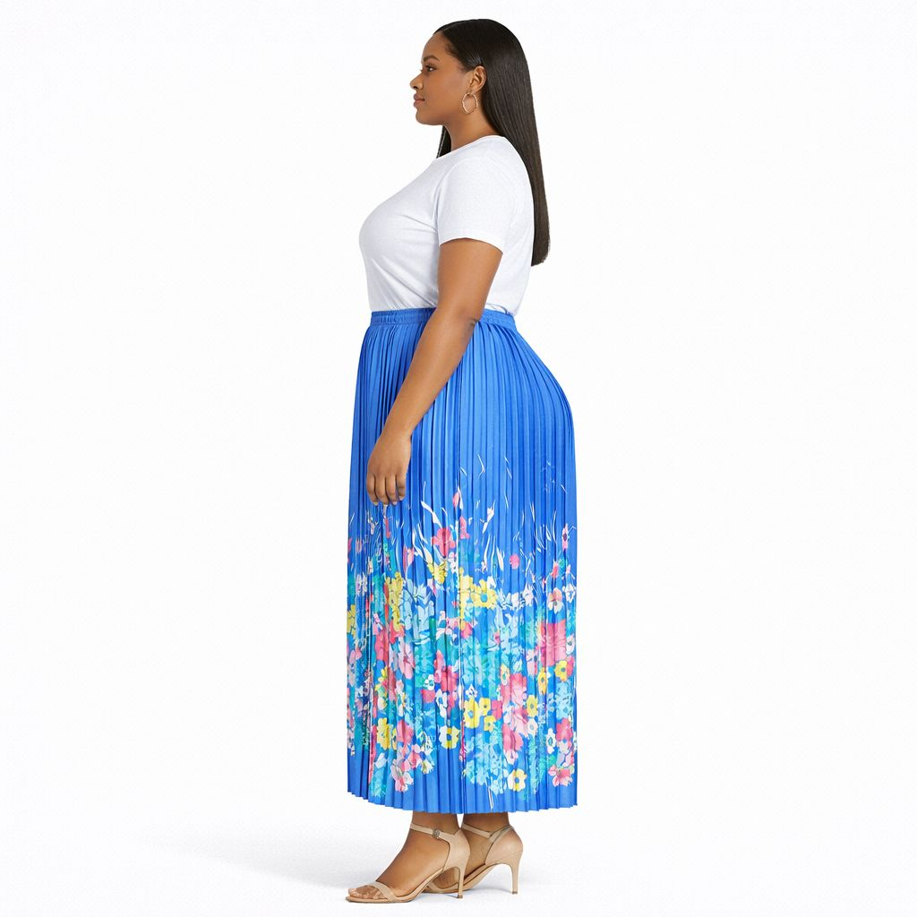 Womens Blue Floral Pleated Midi Skirt