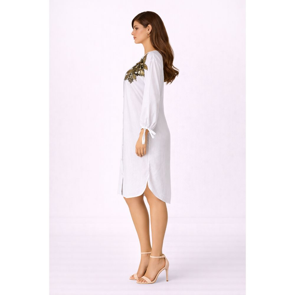 Womens Elegant White Shirt Dress with Sequin Detail