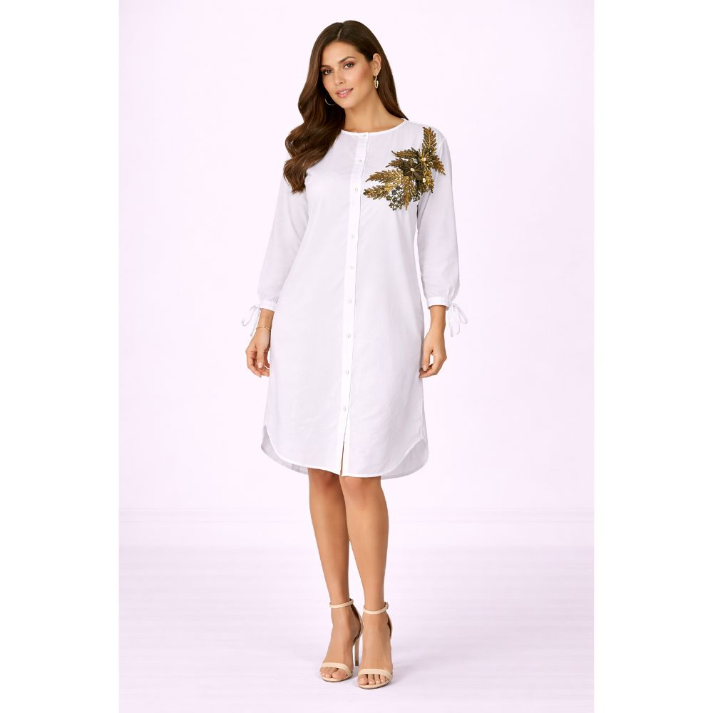 Womens Elegant White Shirt Dress with Sequin Detail