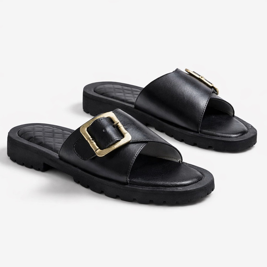 Classic Black Buckle  Leather Slide  Sandals