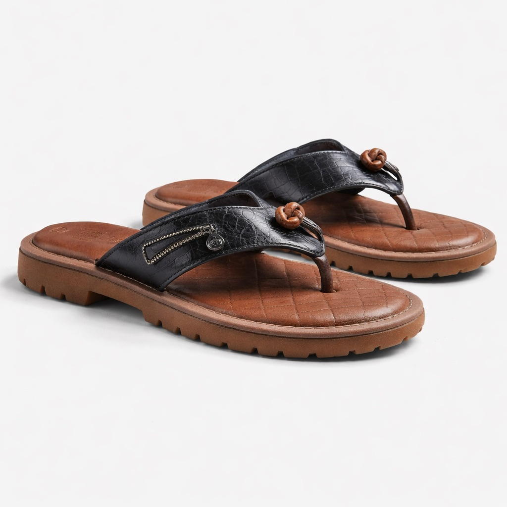 Textured Brown Sole Toe Post Leather  Sandals with  Zip Detail