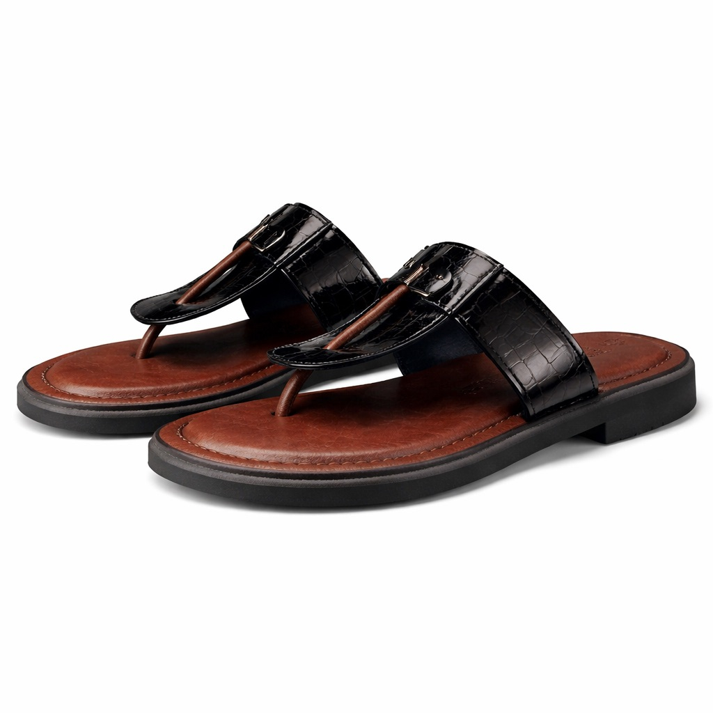 Croc Textured Leather Toe Post Sandals with  Front Buckle  Detail