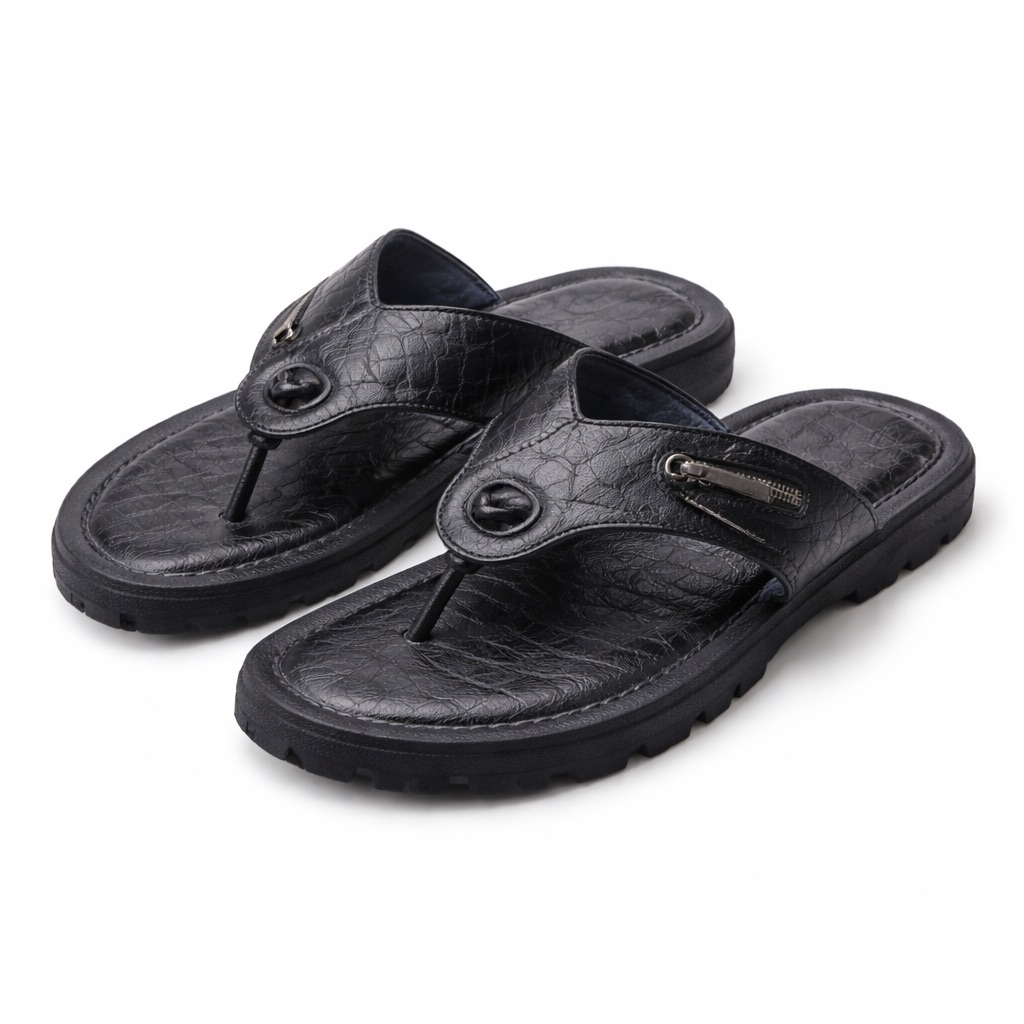 All Black Textured Leather Toe  Post Sandals with Zip  Detail