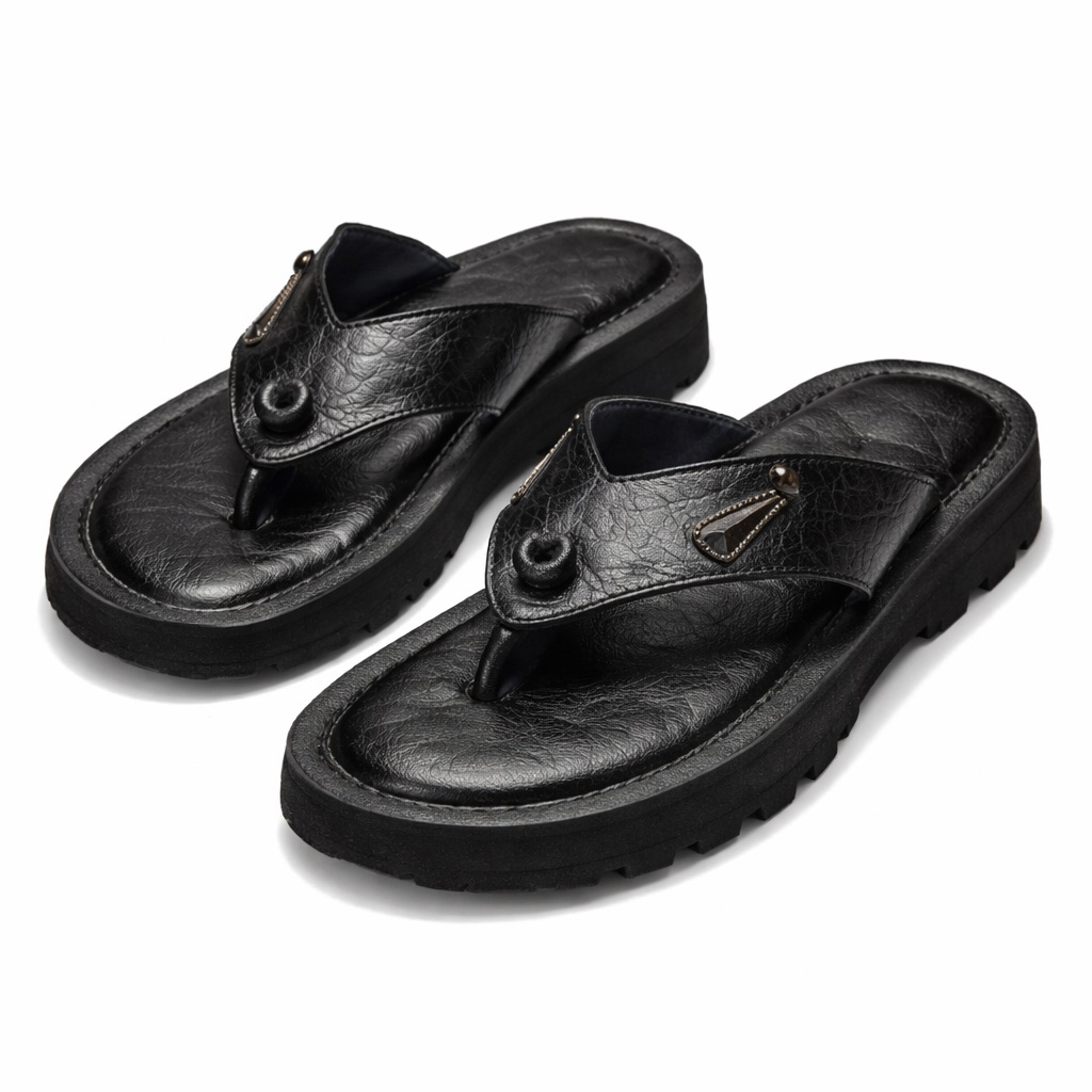 All Black Minimal Leather Toe Post Sandals  with Zip  Accent