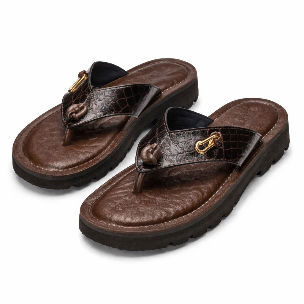 Croc Textured Leather Toe Post Sandals with Gold  Hardware  Detail