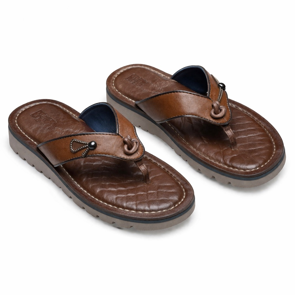 Classic Brown Leather Toe Post Sandals with  Minimal Metal Detail