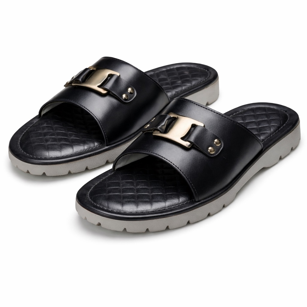 All Black Quilted Leather Slide Sandals  with Metal  Buckle Detail