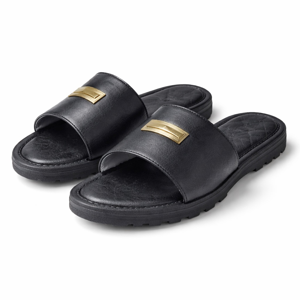 All Black Quilted Leather Slide Sandals with Gold Bar Detail