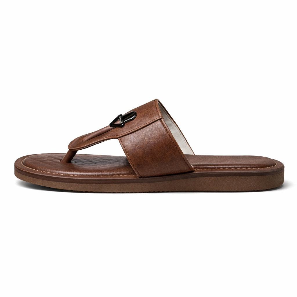Classic Brown Leather Toe Post Slide Sandals with Black  Accent Detail