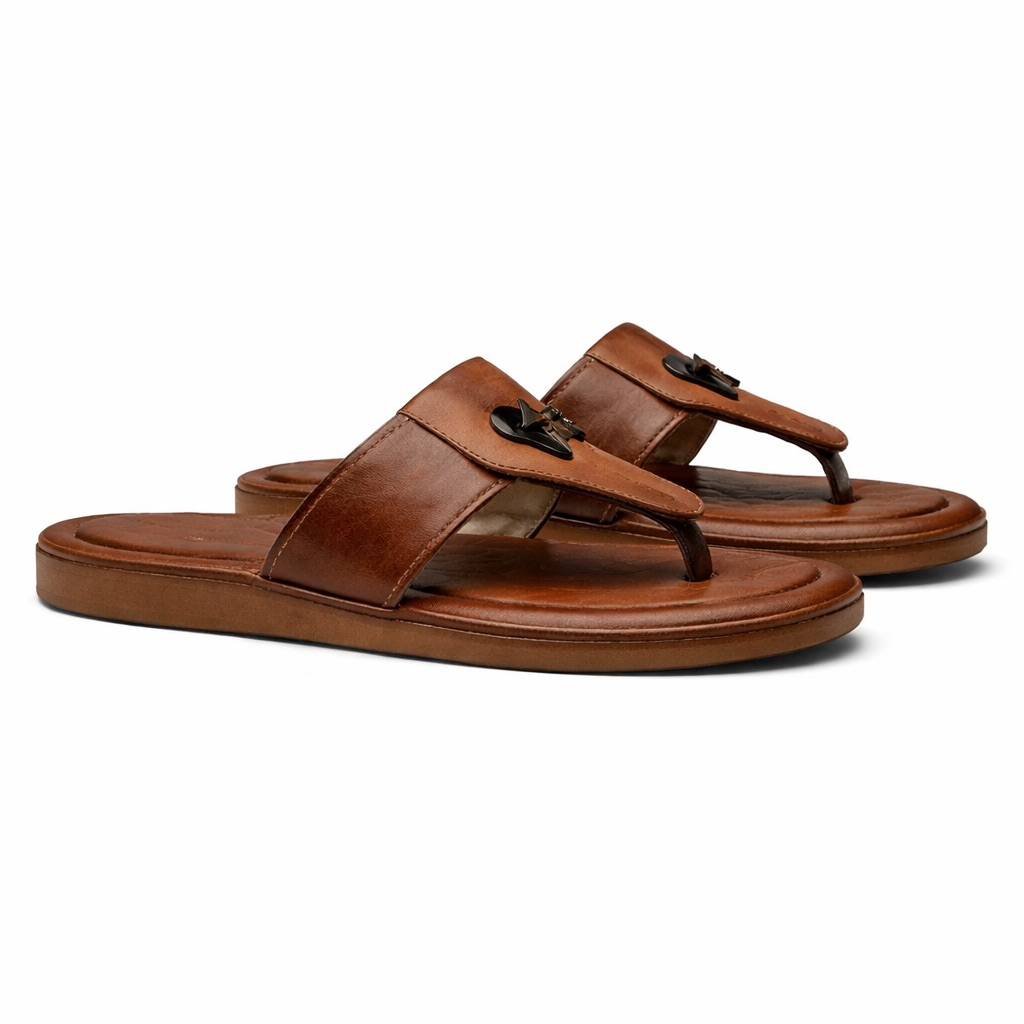 Two Tone Brown Leather Toe Post Slide Sandals with Black  Accent Detail