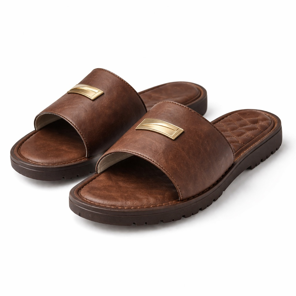 Brown Quilted Leather Slide Sandals with  Gold Bar Detail