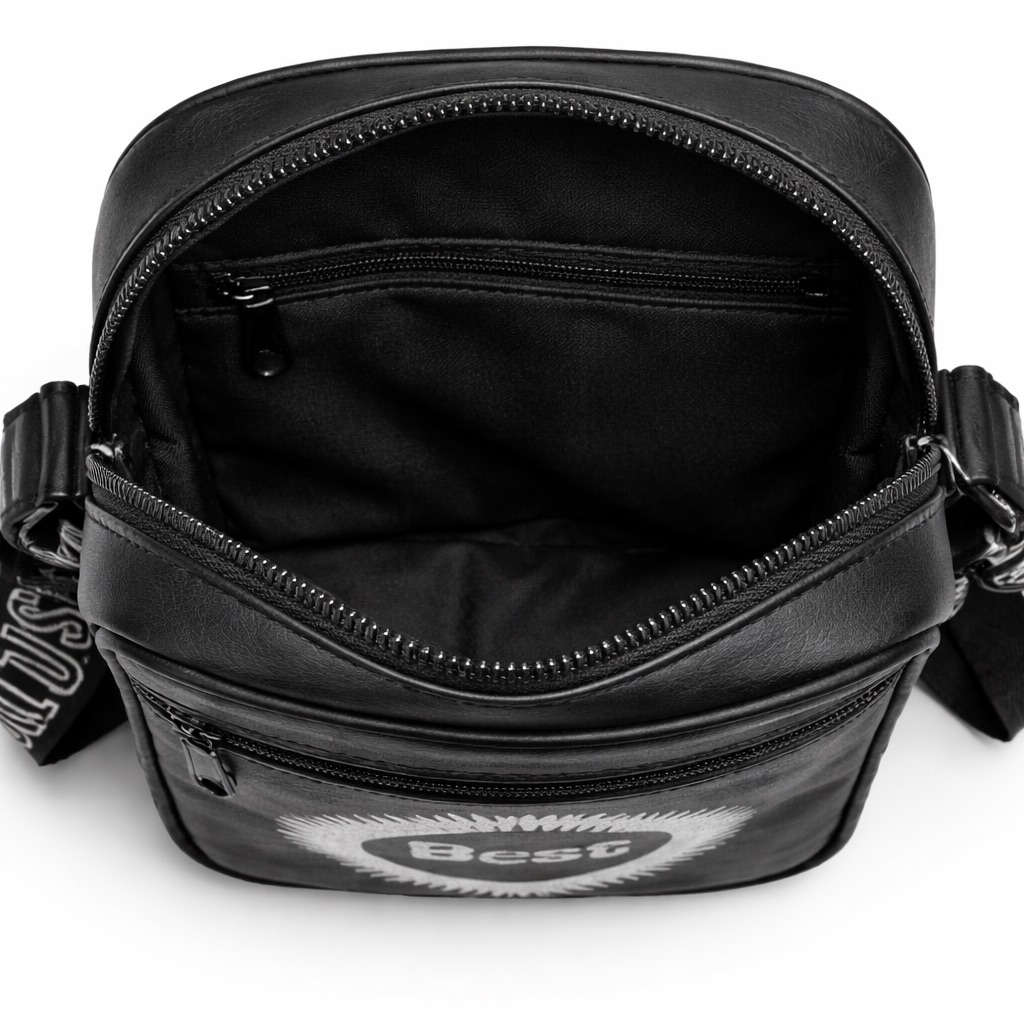 Black Compact Crossbody Bag with Graphic Print and Adjustable Strap