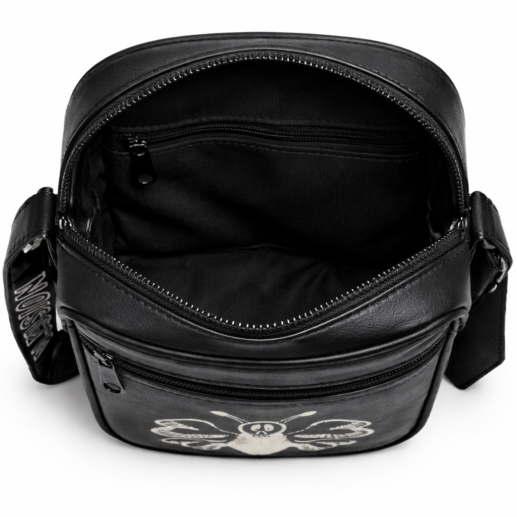 Black Compact Crossbody Bag with Arrow Graphic and Adjustable Strap