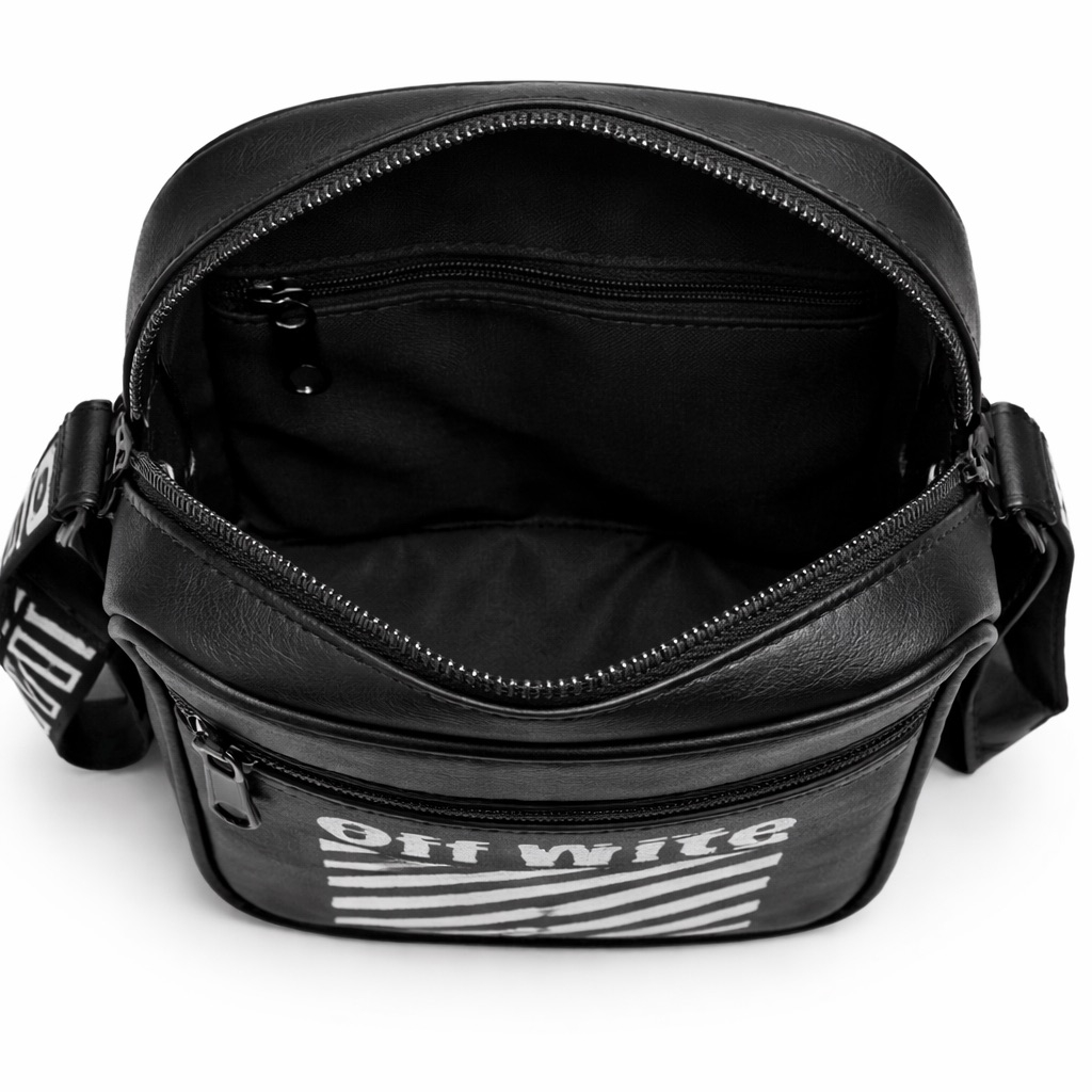 Black Compact Crossbody Bag with Off White Graphic Print and Adjustable Strap