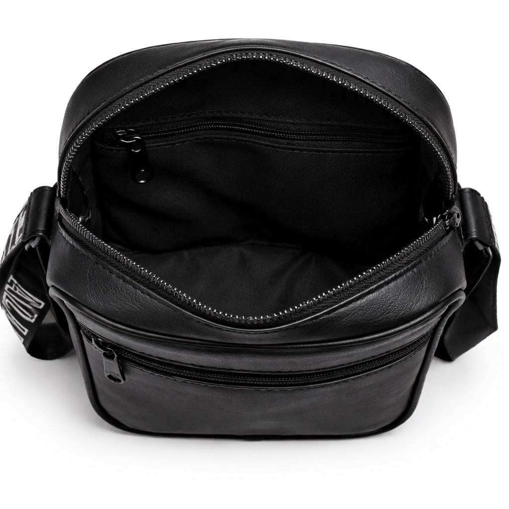 Black Minimal Compact Crossbody Bag with  Branded Strap