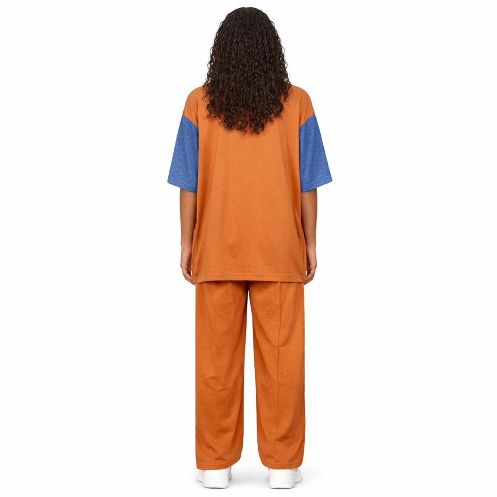 Color Block Graphic Two Piece Set Orange Blue Casual Outfit