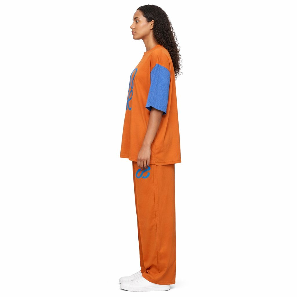 Color Block Graphic Two Piece Set Orange Blue Casual Outfit