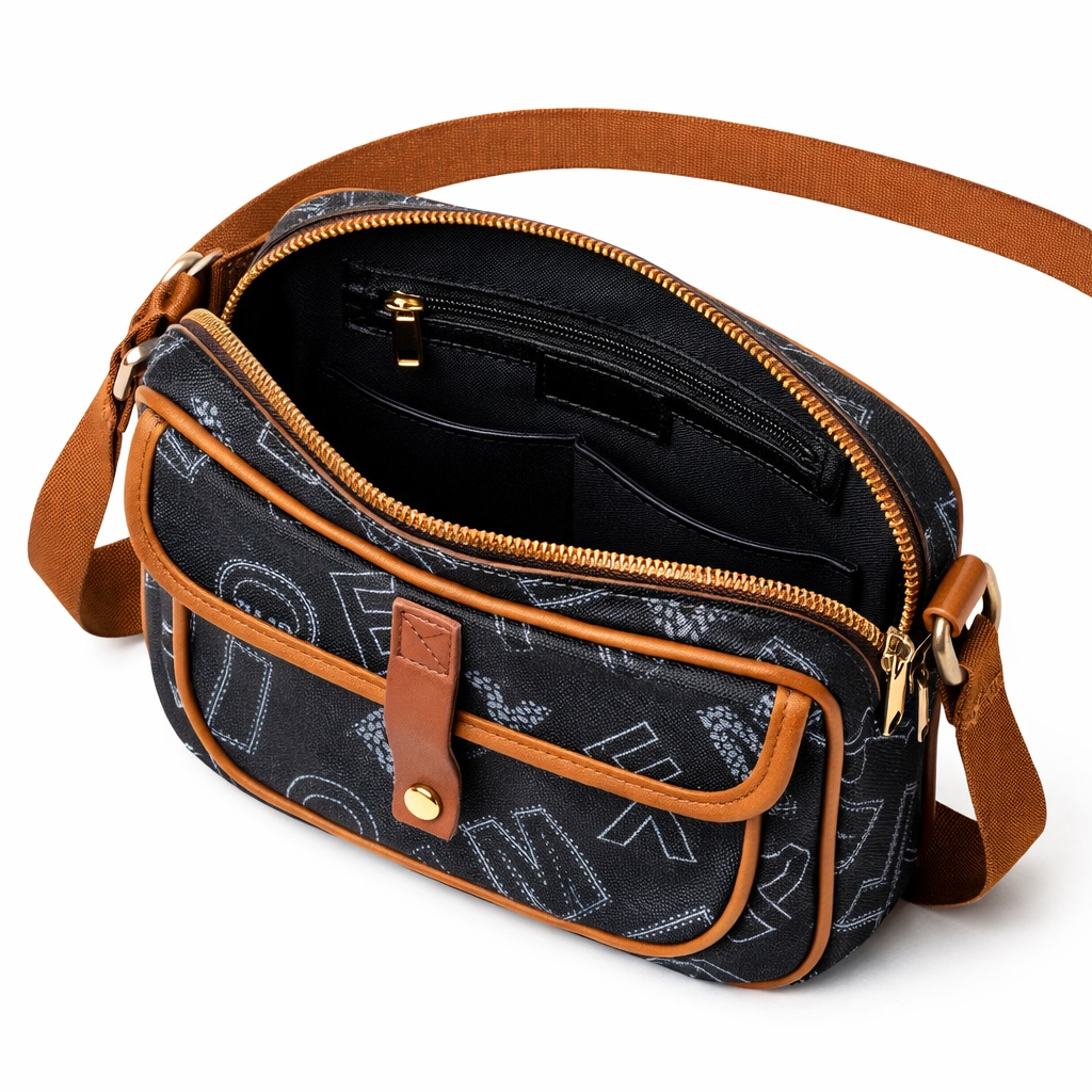 Black and Brown Patterned Flap Crossbody Bag