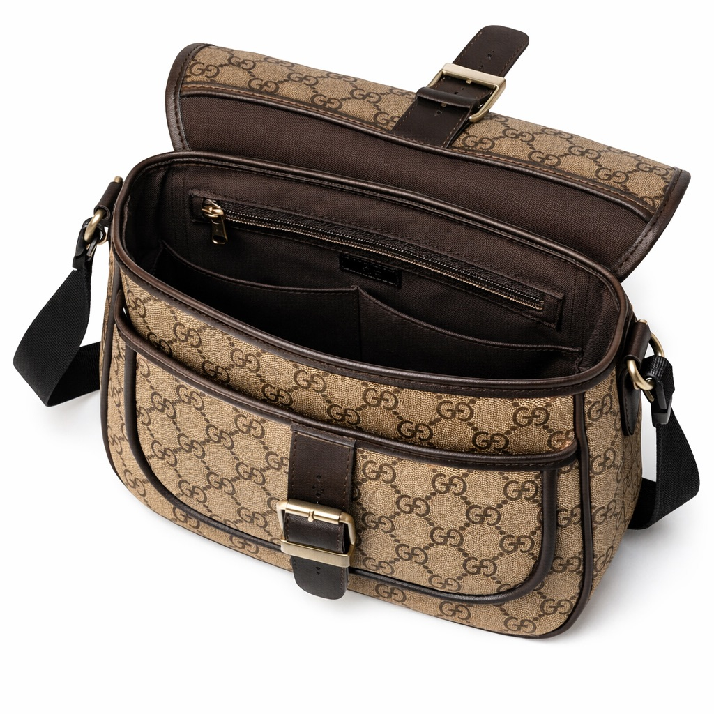 Beige and Brown Monogram Buckle Flap Crossbody Bag