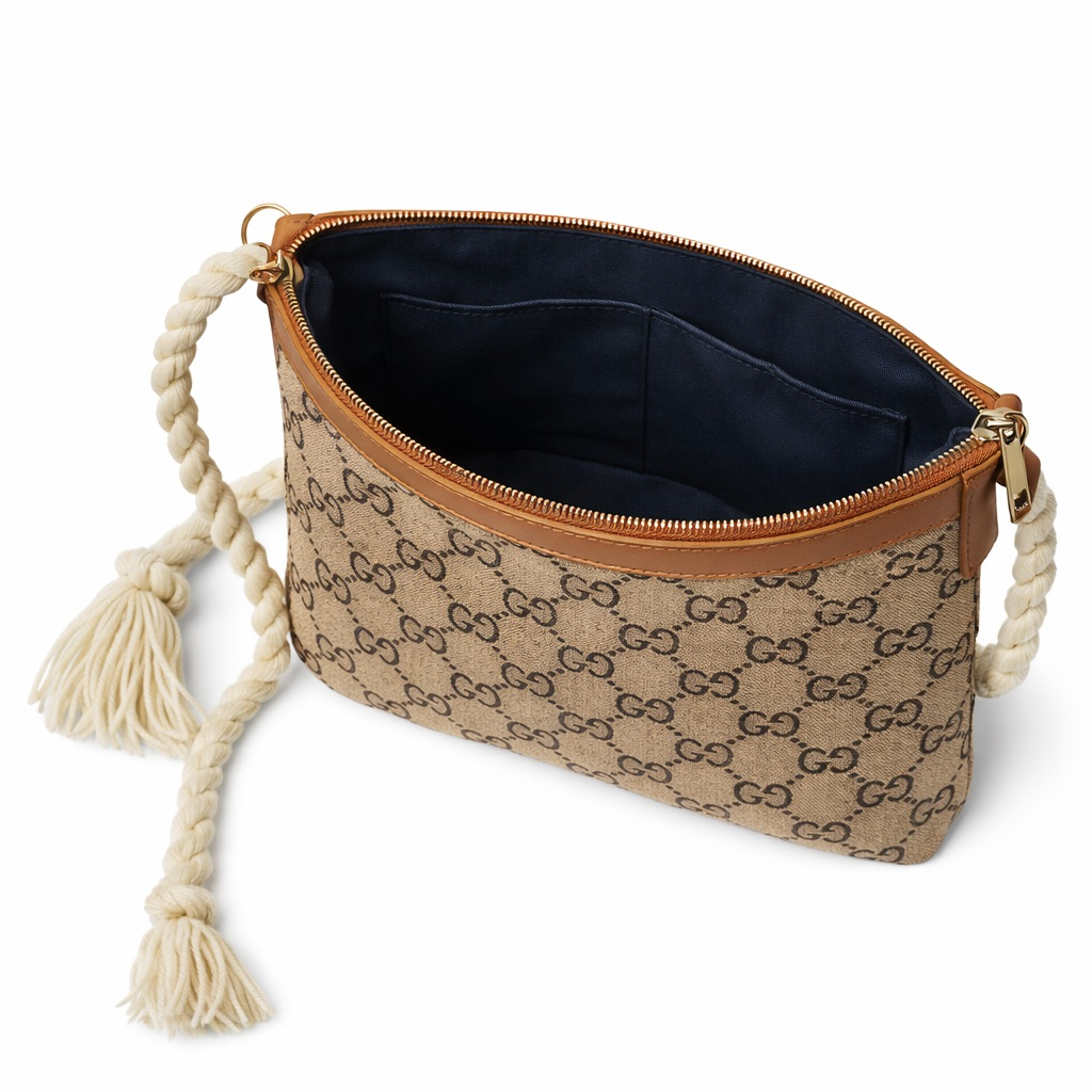 Beige and Brown Monogram Rope Handle Tote Bag