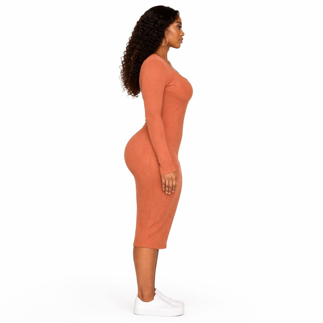 Brown Ribbed Long Sleeve Bodycon Midi Dress