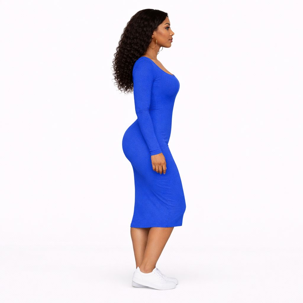 Blue Ribbed Long Sleeve Bodycon Midi Dress