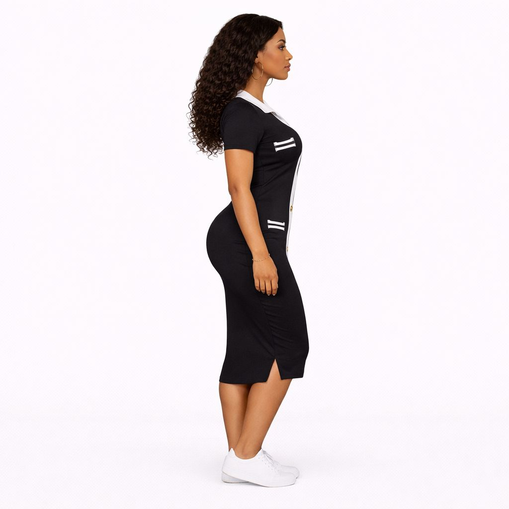 Black & White Button Front Bodycon Midi Dress