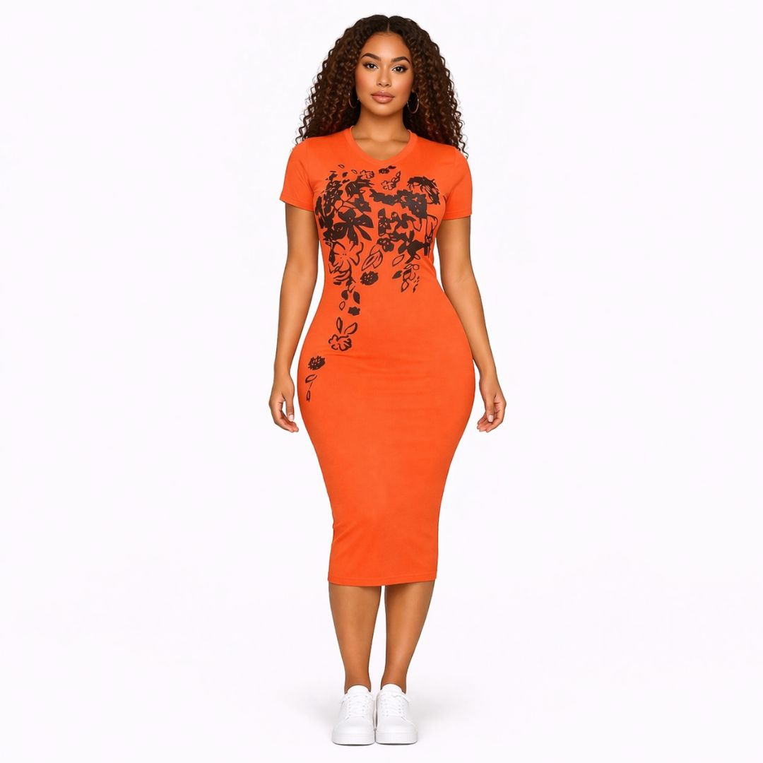 Orange Floral Print Bodycon Midi Dress