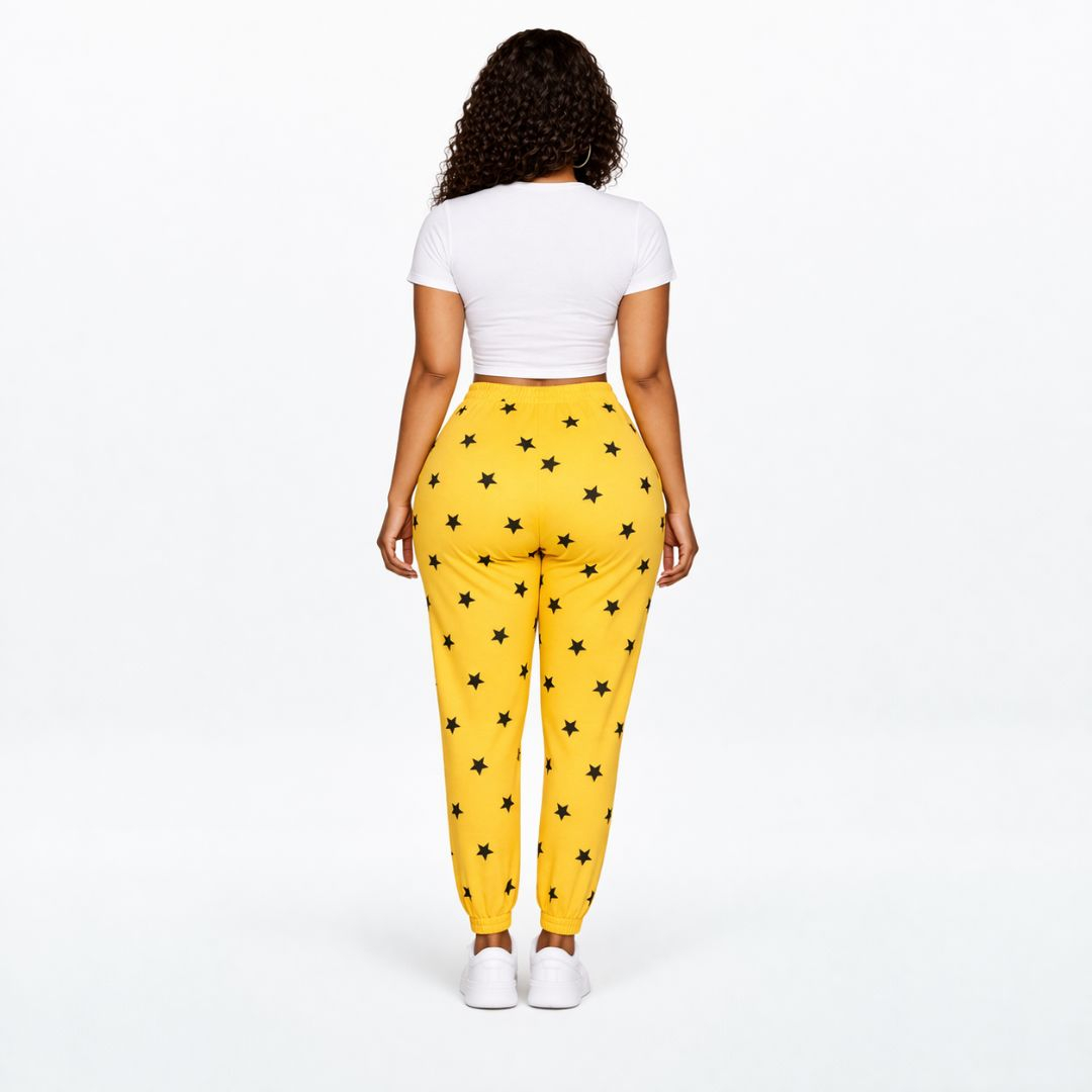 Yellow & Black Star Print Drawstring Pants