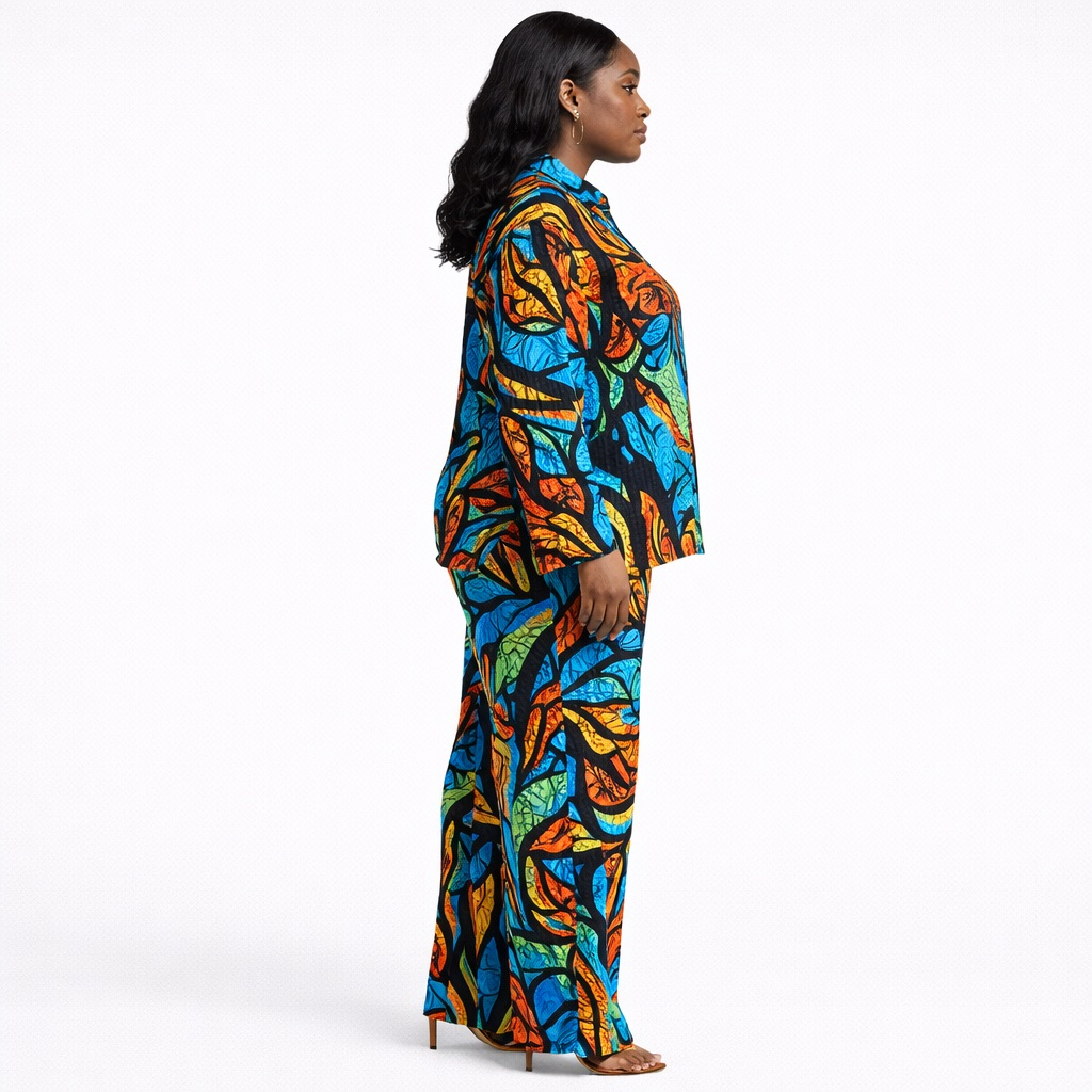 Multicolored Long Sleeve Button Up Top and Wide Leg Pants