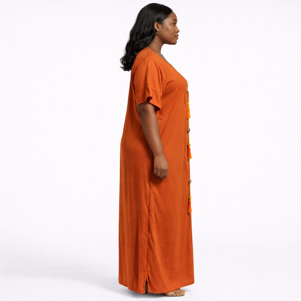 Rust Red Loose Fit Tassel Detail Kaftan Gown for Women