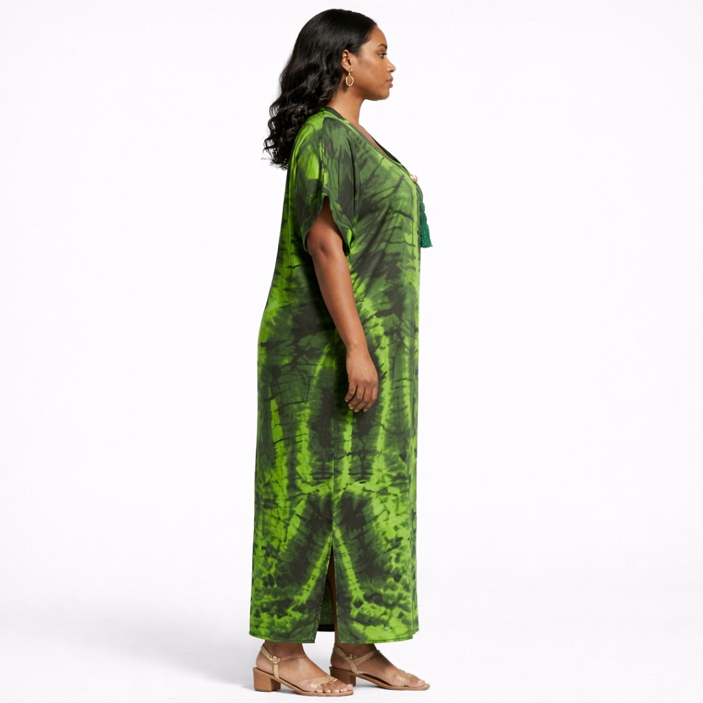 Green Tie Dye Loose Fit Kaftan Gown with Tassel Detail for Women