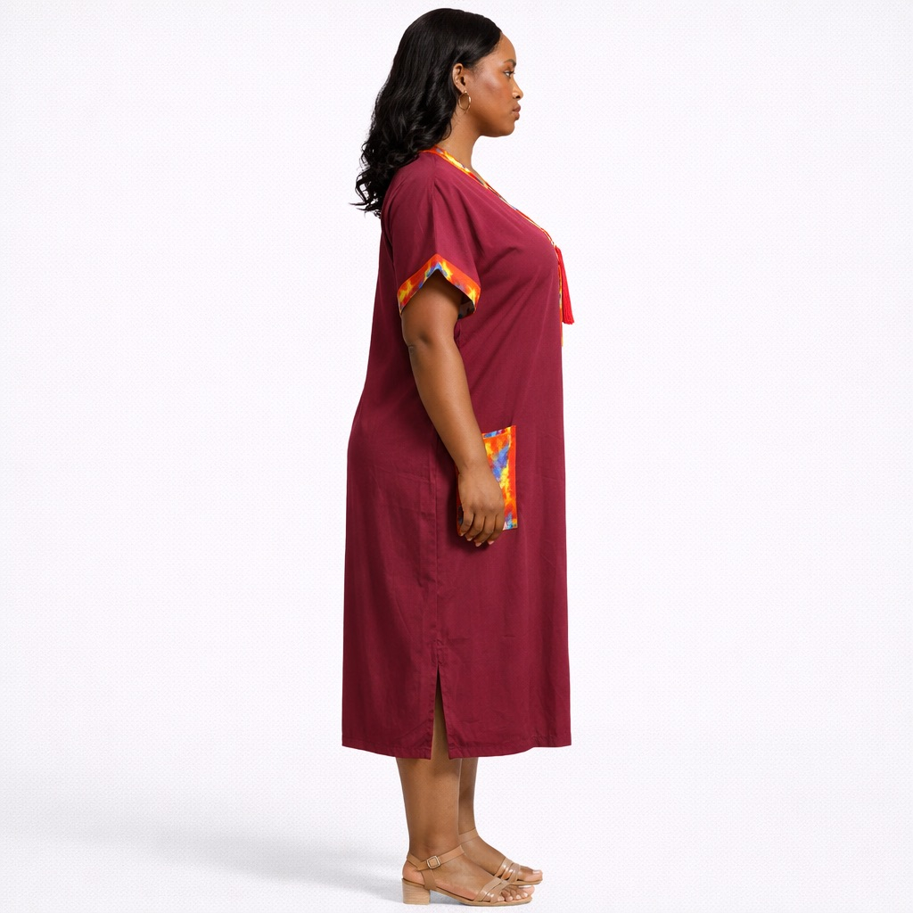 Wine Red Kaftan Gown with Multicolor Tie Dye Panel