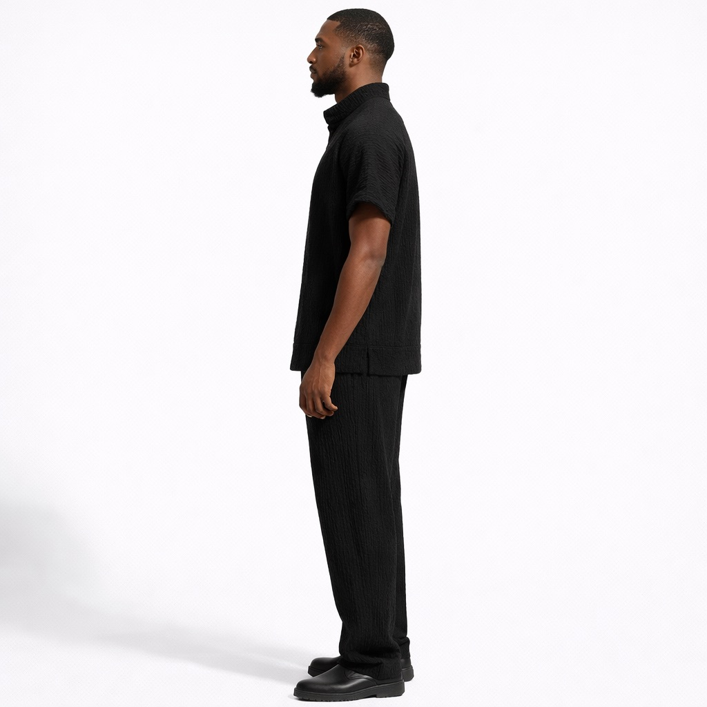 Black Pleated Two Piece Short Sleeve Top and Trousers Set for Men