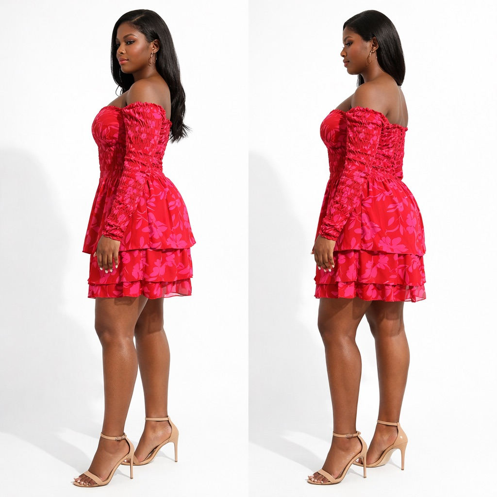 Womens Red Floral Off Shoulder Mini Dress