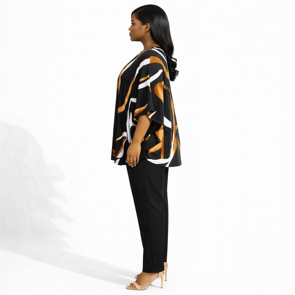 Womens Plus Size Abstract Print Button Front Batwing Top and Straight Leg Pants 2Piece Set