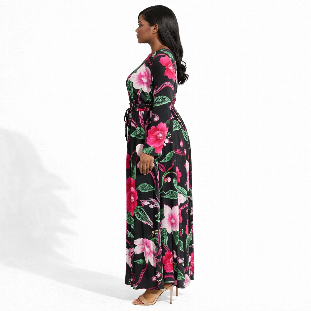 Womens Floral Print Maxi Dress with Waist Tie Belt