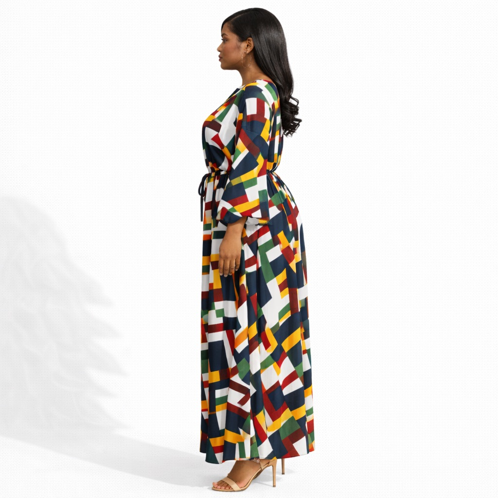 Womens Geometric Print Maxi skirt and Blouse with Adjustable Waist Tie