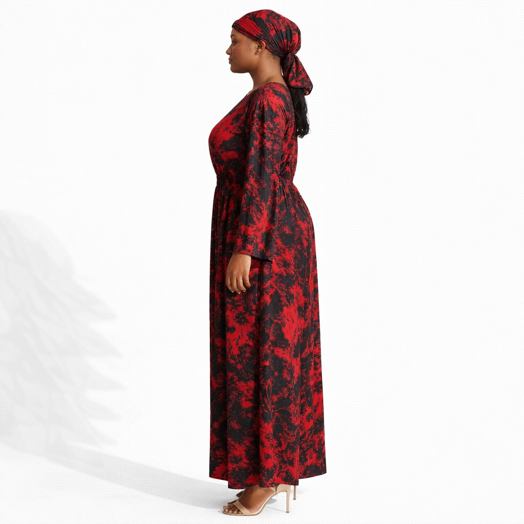 Womens Red and Black Marble Print Maxi Dress with Scarf