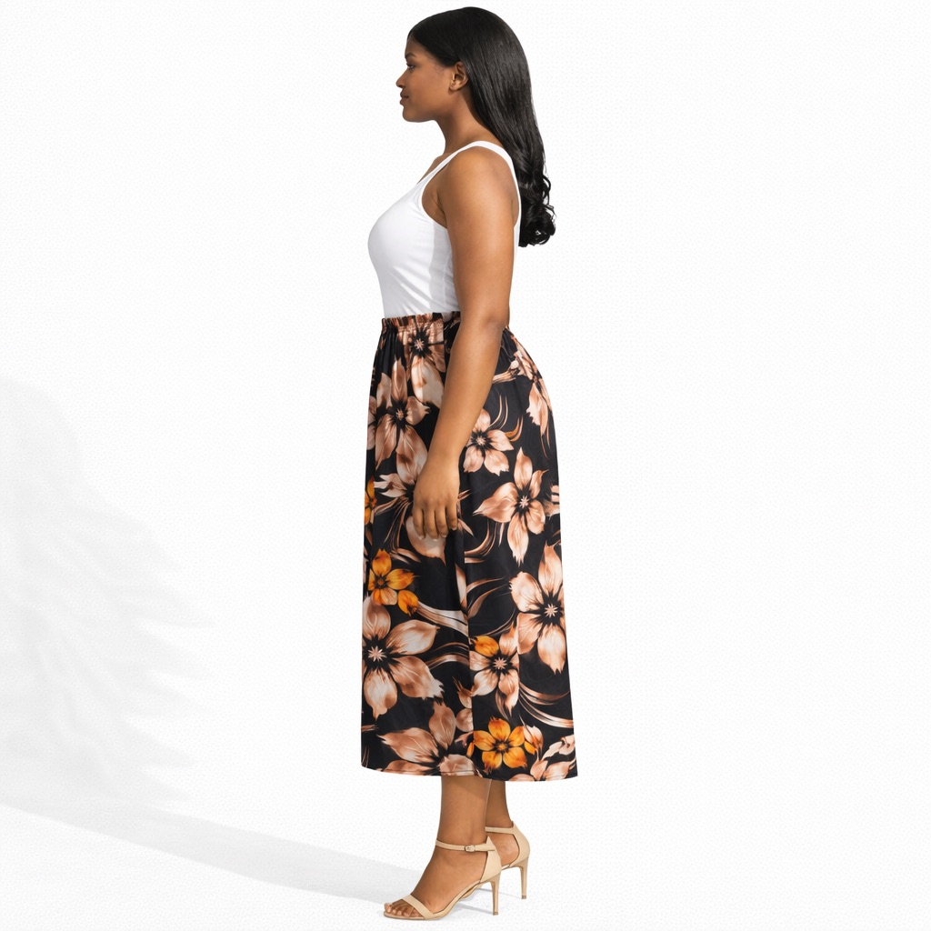 Womens Floral Print Brown and Mustard Midi Skirt