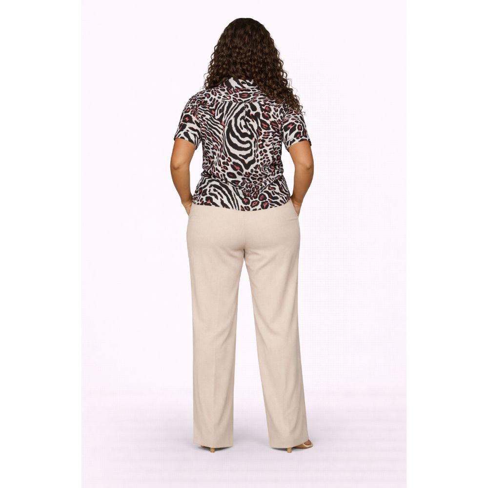 Animal Print Button Up Shirt & Beige Wide Leg Pants