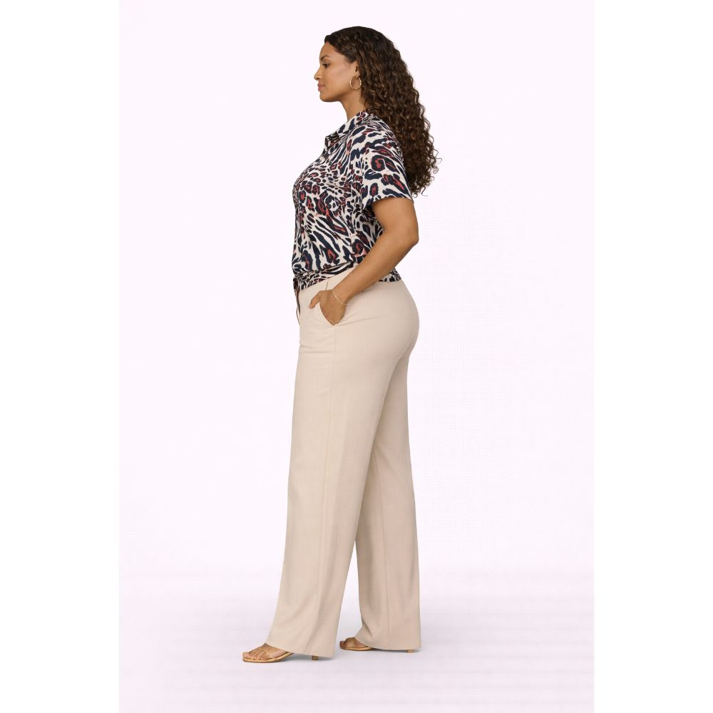 Animal Print Button Up Shirt & Beige Wide Leg Pants