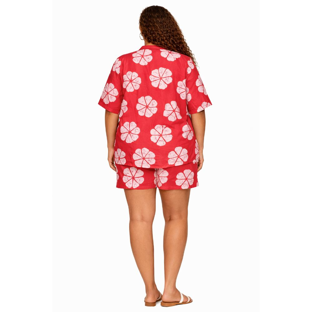 Floral Print Short Sleeve Shirt & Shorts Set  Red