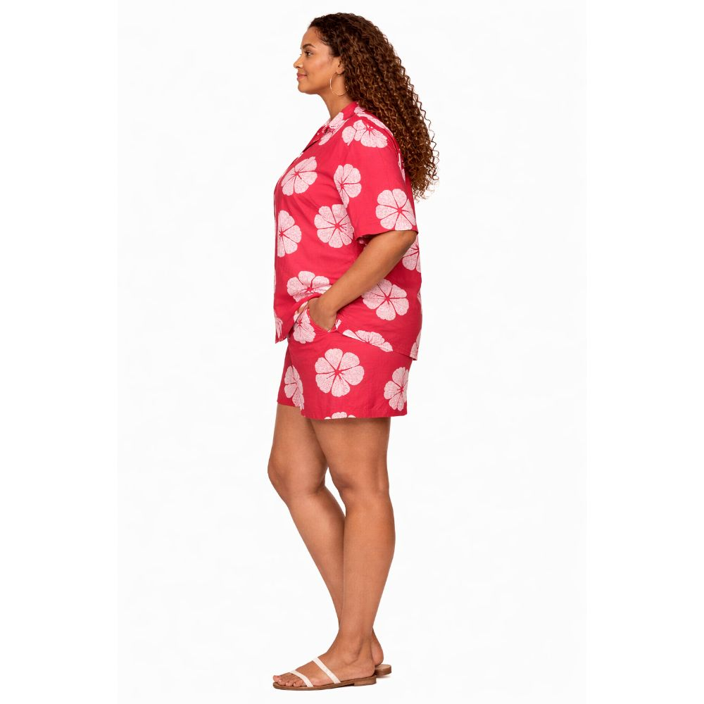 Floral Print Short Sleeve Shirt & Shorts Set  Red