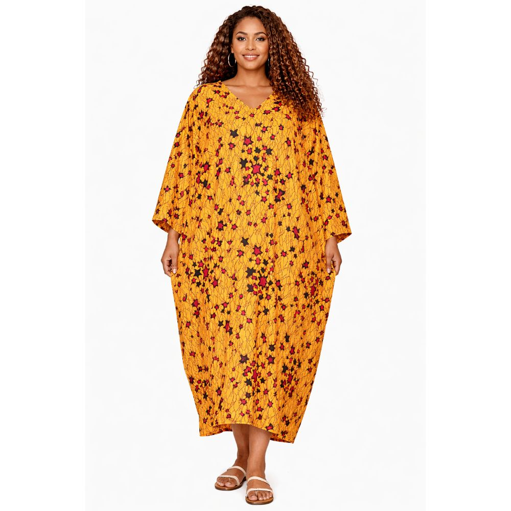 Yellow Ankara Free Flow Maxi Dress Bold Star Print Kaftan
