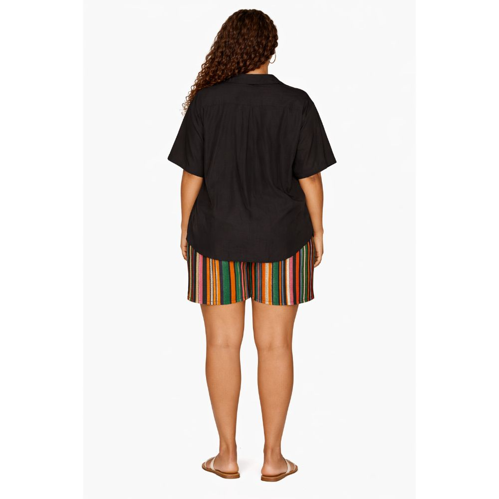 Black Button Up Shirt & Multicolor Striped Shorts Set Casual Chic Two Piece