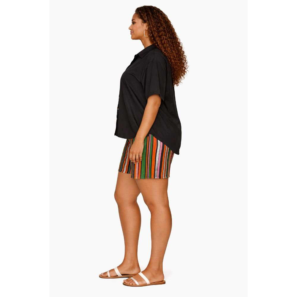 Black Button Up Shirt & Multicolor Striped Shorts Set Casual Chic Two Piece