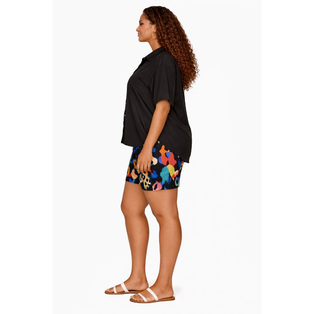 Black Button Up Shirt and Multicolor Striped Shorts Set  Casual Chic TwoPiece
